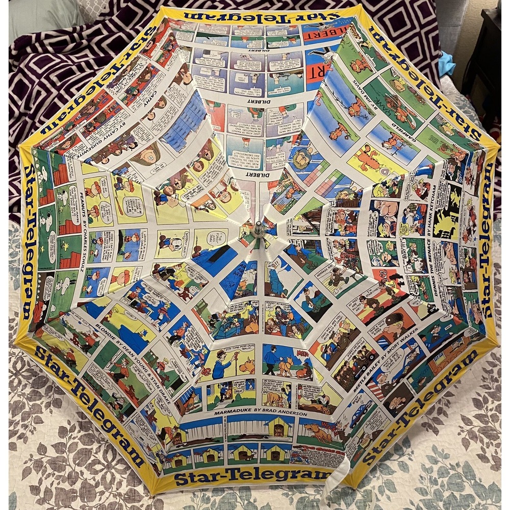 Vtg Large Newspaper Umbrella Ft Worth Star Telegram Comics Peanuts Garfield